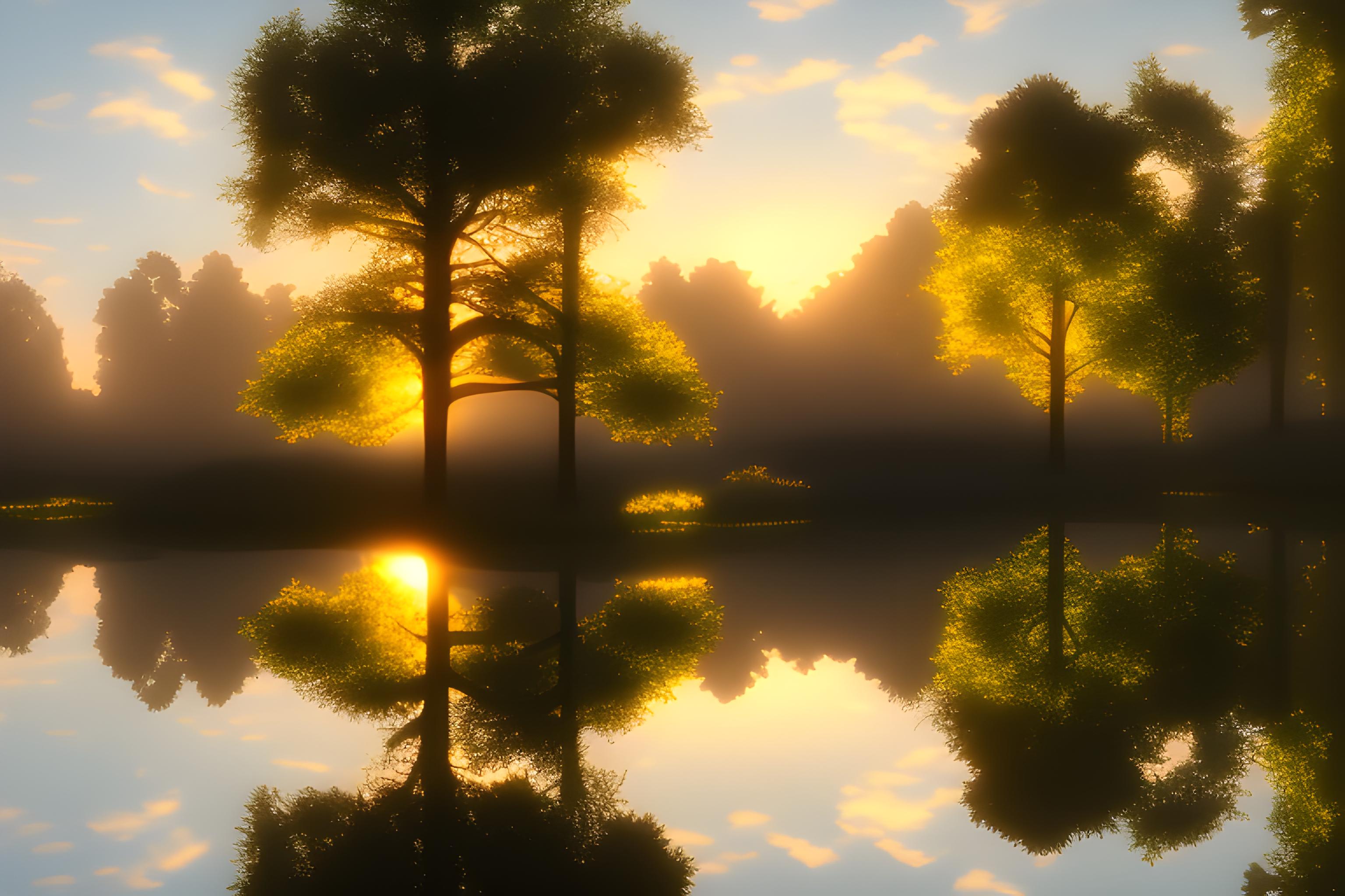 A serene sunrise over a calm pond, warm golden and orange light glowing through soft morning mist, lily pads floating on still water, tall grasses and trees framing the scene, the sun reflecting clearly on the mirror‑like surface, peaceful atmosphere, natural depth, photorealistic HDR, ultra‑detailed 8K landscape